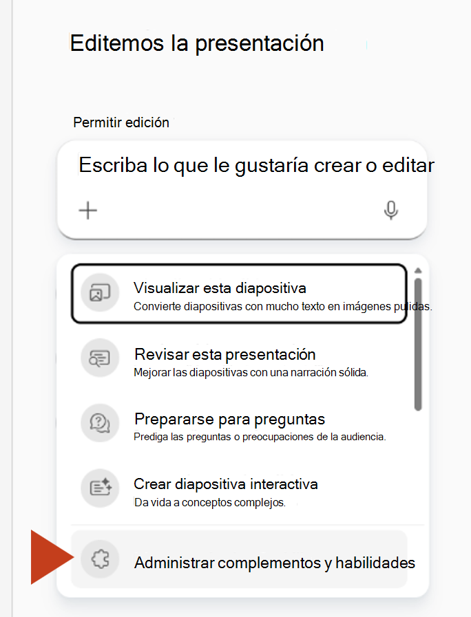 Captura de pantalla que muestra la selección de Administrar complementos y aptitudes en el menú más del panel Copilot.
