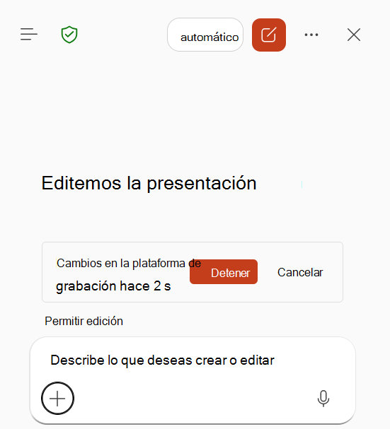 Captura de pantalla que muestra la grabación de aptitudes en curso en Copilot en PowerPoint.