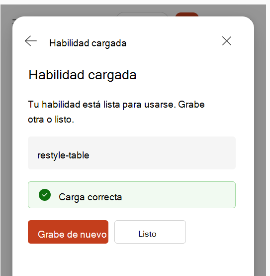 Captura de pantalla que muestra la confirmación de la aptitud cargada después de grabar una aptitud.