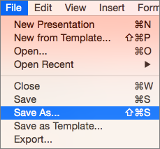 Muestra el menú Guardar como archivo > en PowerPoint 2016 para Mac.