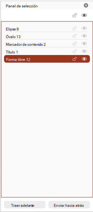 Muestra el conector en la parte inferior de la lista en el panel de selección