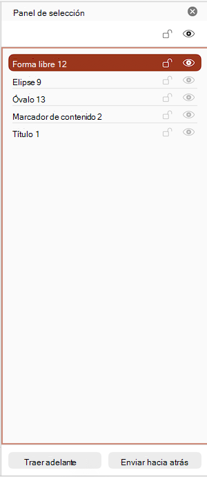 Captura de pantalla del panel de selección en PowerPoint para Mac.
