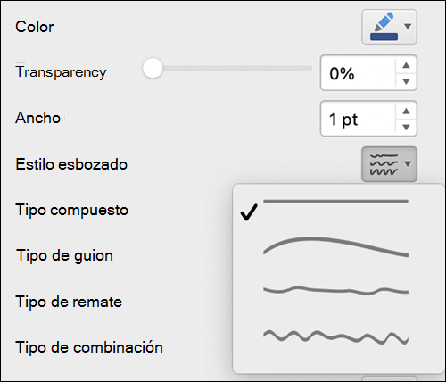 Opciones de formato de línea en Mac con el estilo Esbozado seleccionado