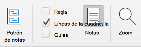 Captura de pantalla de la casilla Líneas de cuadrícula en la pestaña Vista en Microsoft PowerPoint.