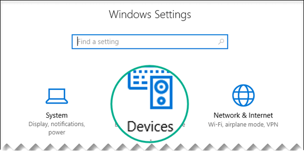 Seleccione Dispositivos en el cuadro de diálogo Configuración de Windows.