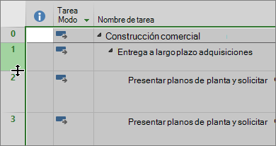 Captura de pantalla de la vista de diagrama de Gantt con el cursor sobre el divisor de filas