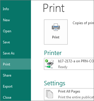 Captura de pantalla de las opciones de impresión en Publisher.