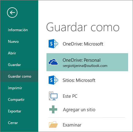 Captura de pantalla de la página Guardar como de la vista Backstage de Publisher.