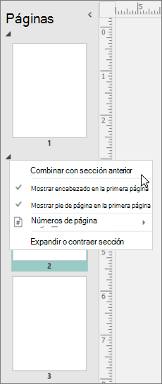 Una captura de pantalla muestra una sección seleccionada con el cursor apuntando a la opción Combinar con la sección anterior.
