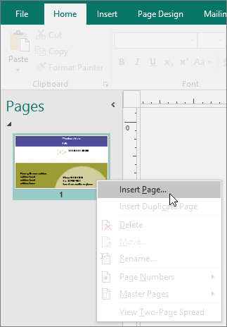 Insertar página en el panel de navegación Páginas en Publisher.