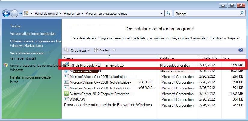 Programas y características que muestran .NET Framework 3.5 SP1 instalado