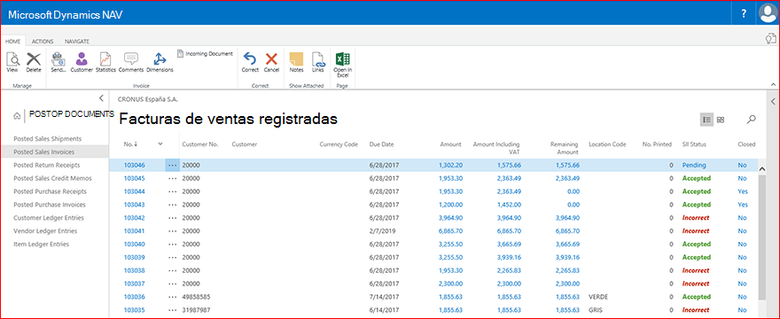 Ejemplo de la lista Facturas de venta registradas