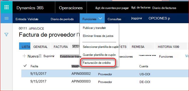 Esta imagen muestra cómo encontrar la funcionalidad de facturación de crédito.