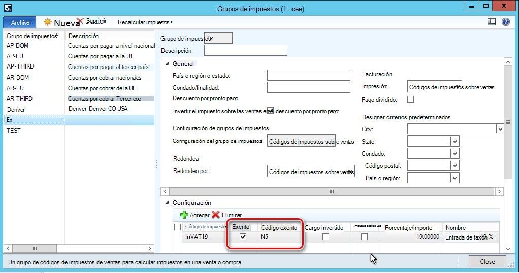 Esta imagen muestra cómo configurar un código de impuestos sobre ventas.
