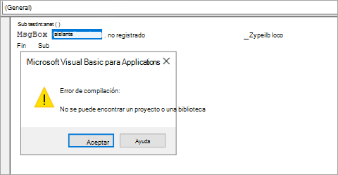 Captura de pantalla de un error de VBA debido a que las bibliotecas se bloquean.