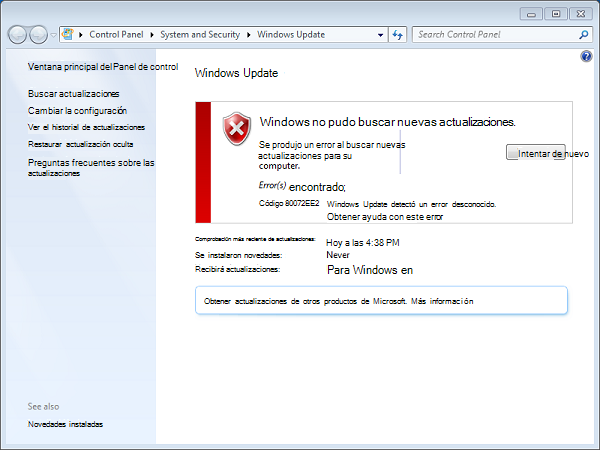 Código de error 80072ee2