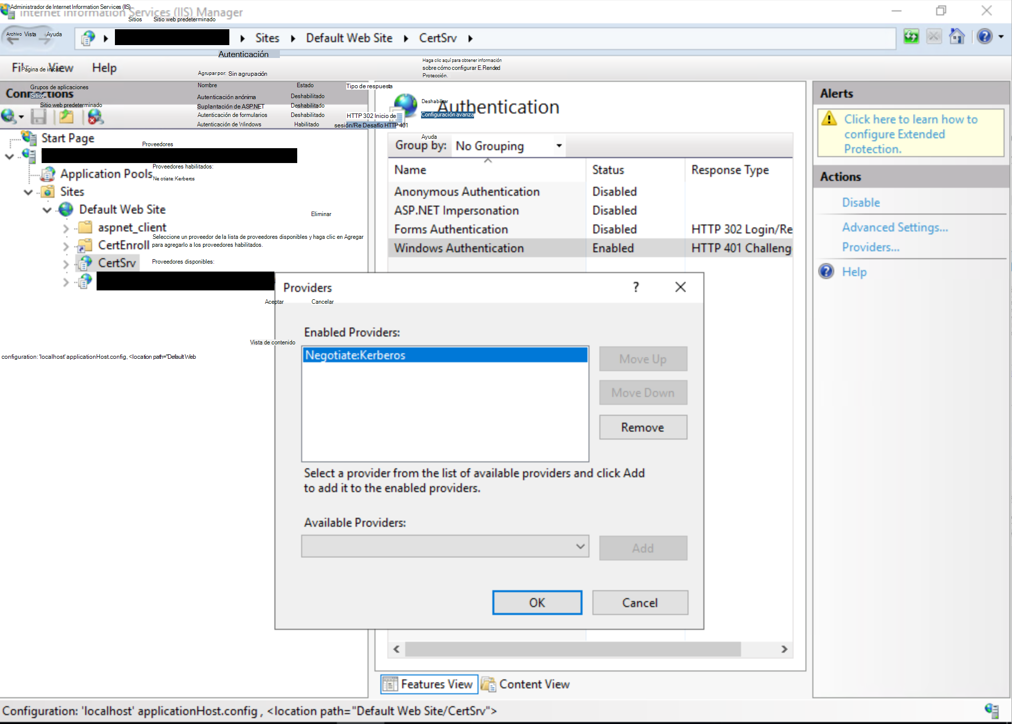 Vista alternativa de la interfaz de usuario del administrador de IIS