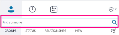 Cuando el cuadro de búsqueda de Skype Empresarial está vacío, las pestañas disponibles son Grupos, Estado, Relaciones y Nuevo.