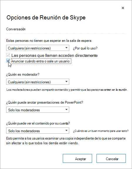 Diálogo de opciones de reunión con opción de anunciar cuando las personas entran o se van resaltada