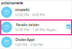 Pantalla de próximas reuniones con una reunión resaltada