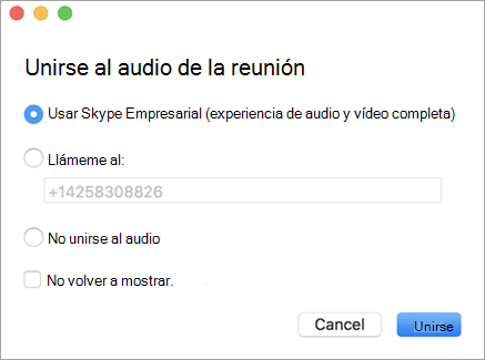 Ejemplo del cuadro de diálogo Unirse al audio de la reunión