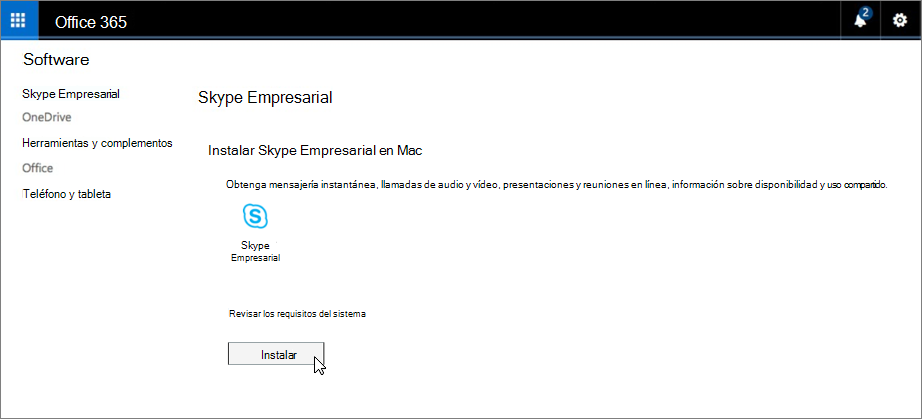 Página de instalación de Skype Empresarial en Mac