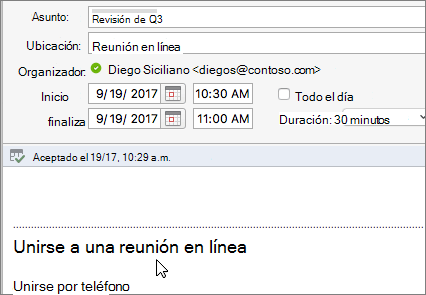 Captura de pantalla de un cuadro de diálogo de reunión que muestra el vínculo Unirse a la reunión en línea.