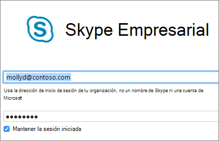 Captura de pantalla de inicio de sesión de Skype Empresarial.
