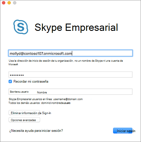 Pantalla de inicio de sesión de Skype Empresarial para Mac
