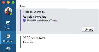 Reunión de Teams en la pestaña Reuniones