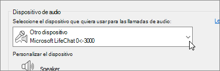 Una captura de pantalla que muestra el menú desplegable de dispositivo de audio en el cuadro de diálogo Configuración de dispositivo de audio.
