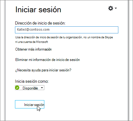 Una captura de pantalla que muestra el botón Iniciar sesión en la pantalla Inicio de sesión de Skype Empresarial.