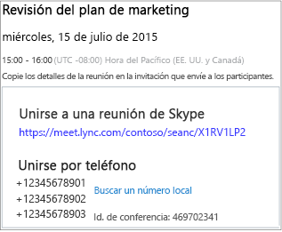 Pantalla de ejemplo que muestra los detalles de la reunión