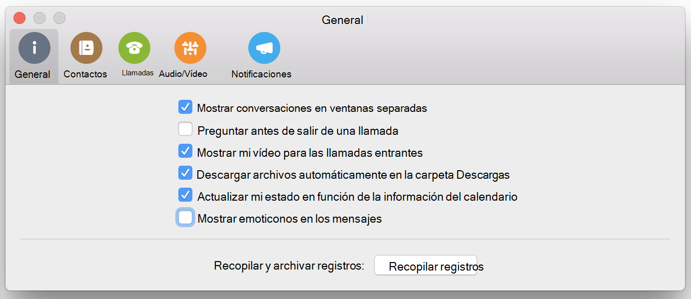 Casilla Mostrar emoticonos en mensajes en la página General de Preferencias