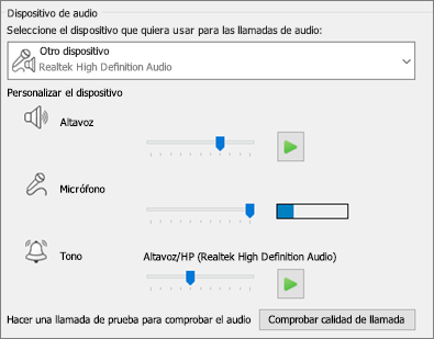 Configuración personalizada (altavoz, micrófono, timbre) para dispositivos de audio