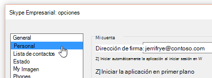 Ventana Opciones de Skype Empresarial con la pestaña Personal seleccionada.