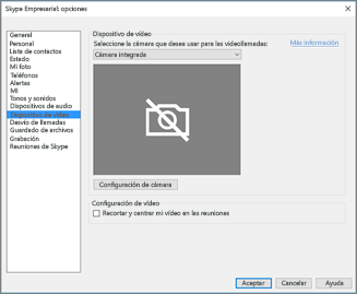 Configuración de dispositivo de vídeo, casilla Recortar y centrar mi vídeo en reuniones
