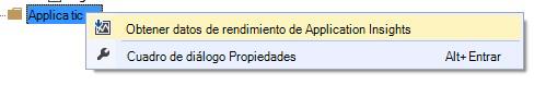 Menú contextual de aplicación con Obtener datos de rendimiento de Application Insights seleccionado
