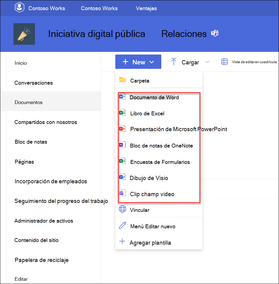 captura de pantalla del menú desplegable para agregar nuevos archivos