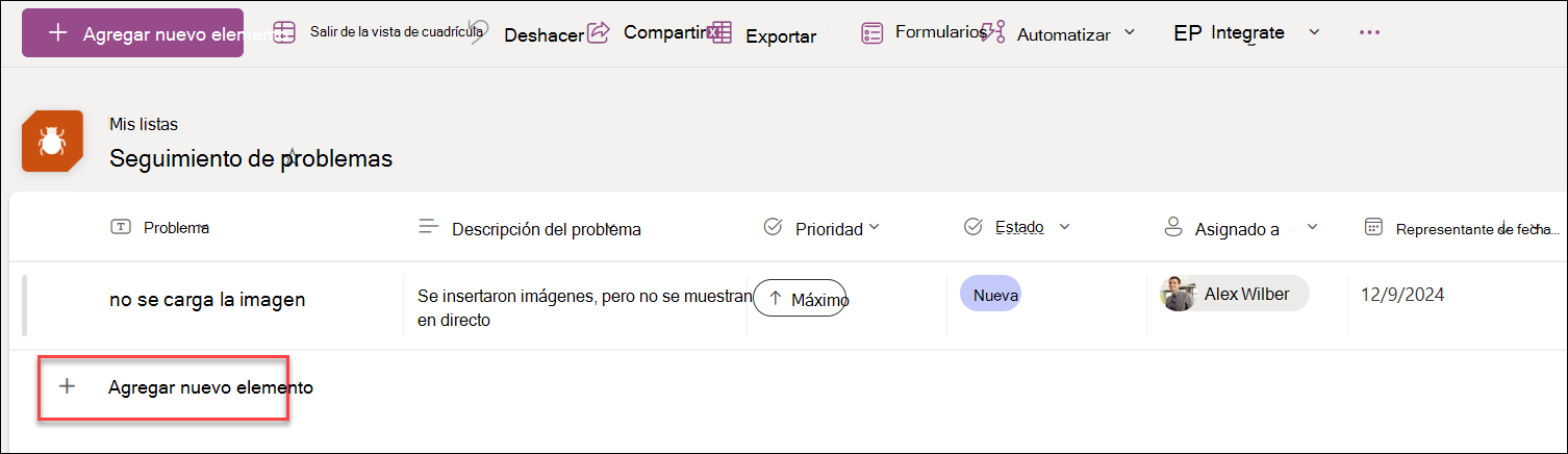 captura de pantalla de agregar nuevo en la vista de cuadrícula