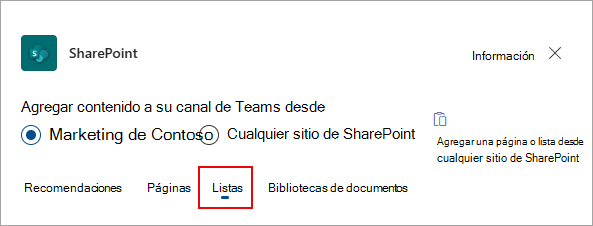 Seleccione Listas para agregar listas al canal de Teams.