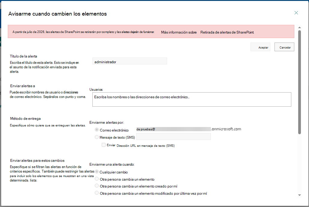 Muestra el cuadro de diálogo Creación de alertas con la pancarta que explica que las alertas de SharePoint se han retirado