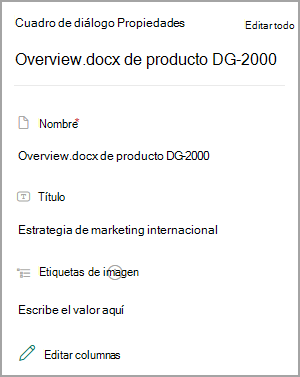 Captura de pantalla que muestra las Propiedades de un documento en una biblioteca de SharePoint.