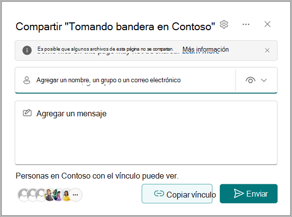 Cuadro de diálogo Enviar vínculo con un campo de destinatario, configuración de permisos, campo de mensaje y botón Enviar.