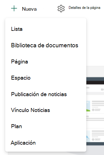 Captura de pantalla de cómo crear una nueva lista o biblioteca