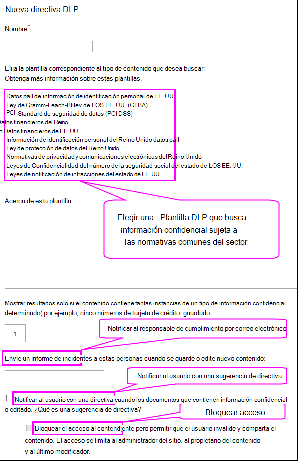 Nueva página de directiva DLP