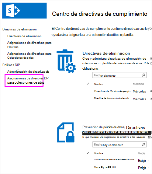 Opción Asignaciones de directivas para colecciones de sitios