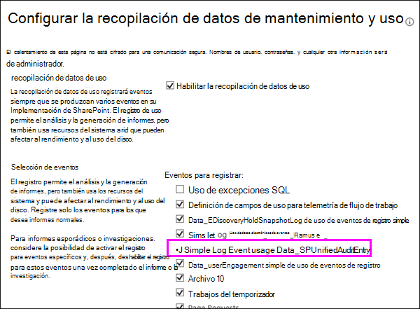 Opción para activar los registros de uso de DLP