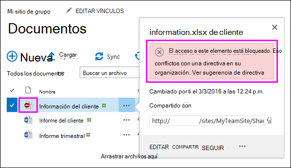 Sugerencia de directiva que muestra el acceso bloqueado a un documento