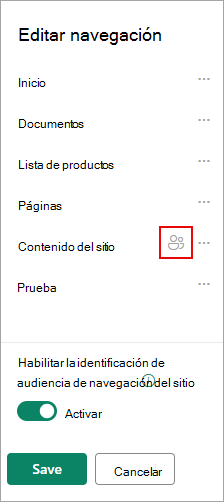 En Editar navegación, un icono confirma los vínculos de destino.